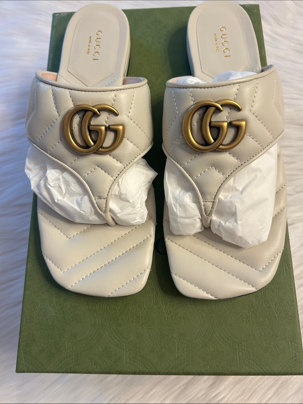 Gucci Cream Quilted GG Thong Mules with Gold Hardware